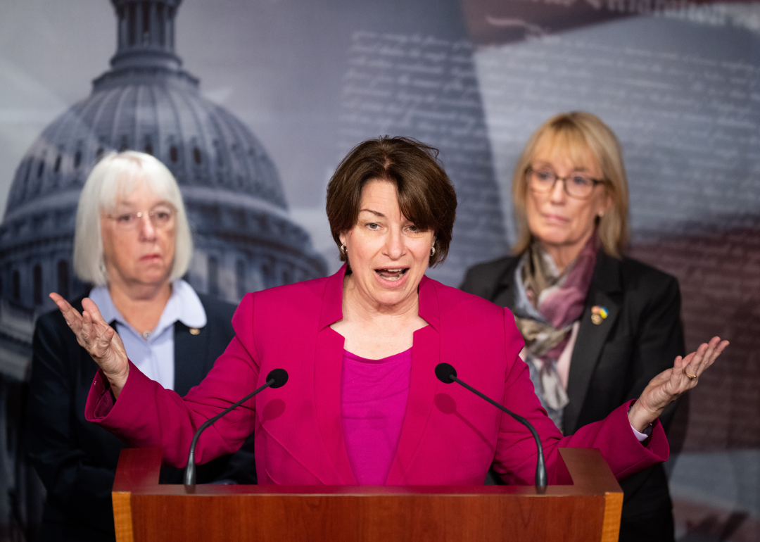 Senator Amy Klobuchar speaks at a news conference.