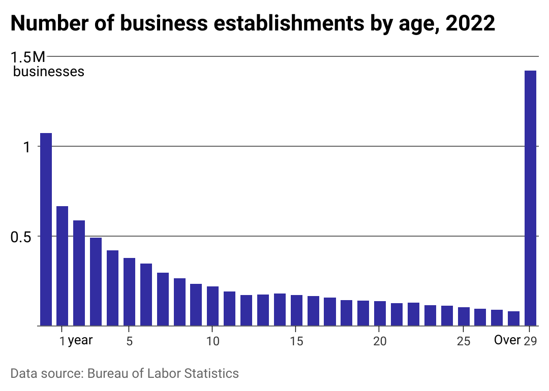 A column chart showing the number of businesses by age in 2022.