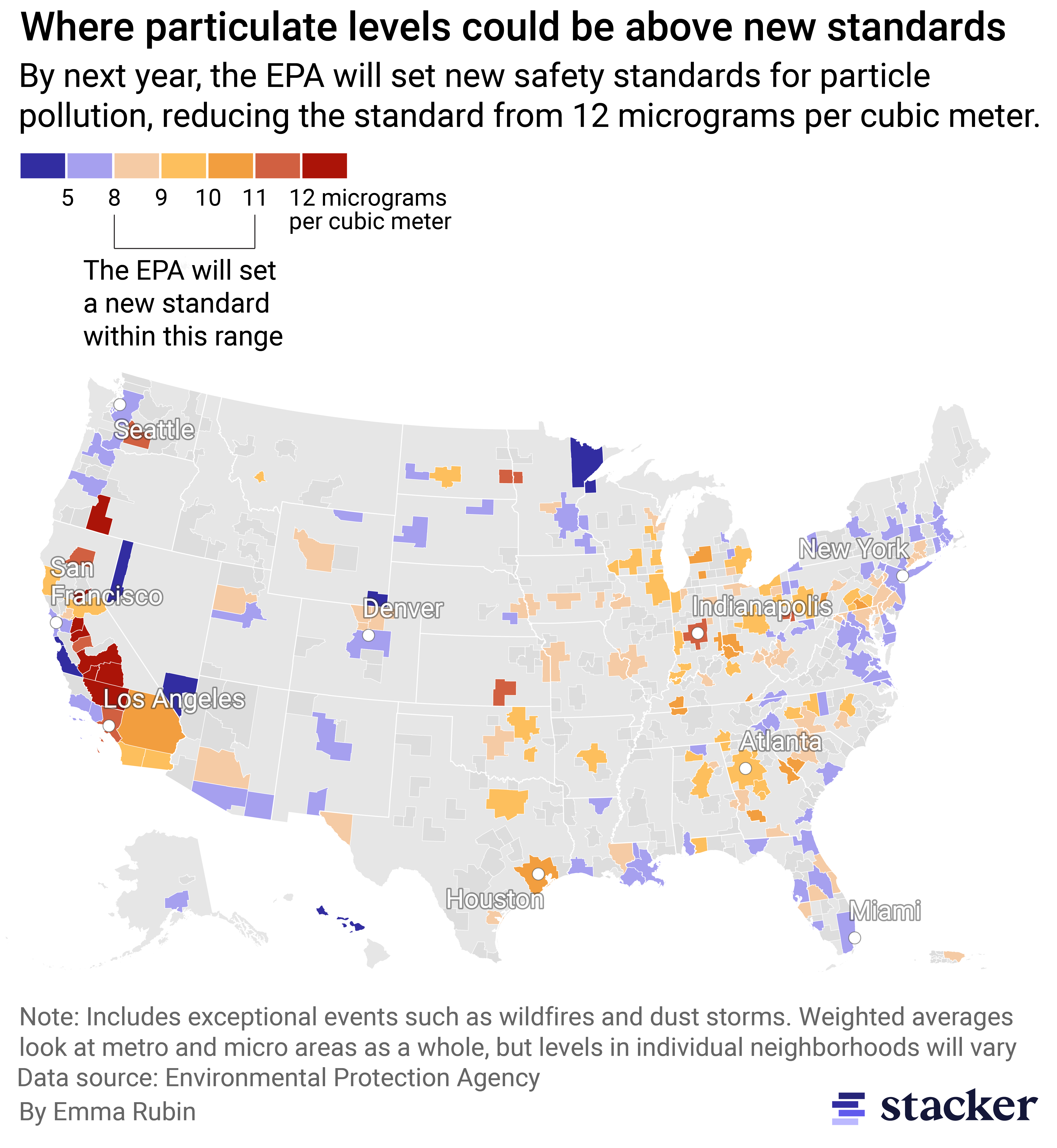 Map of metropolitan and micropolitan areas' particulate pollution levels.