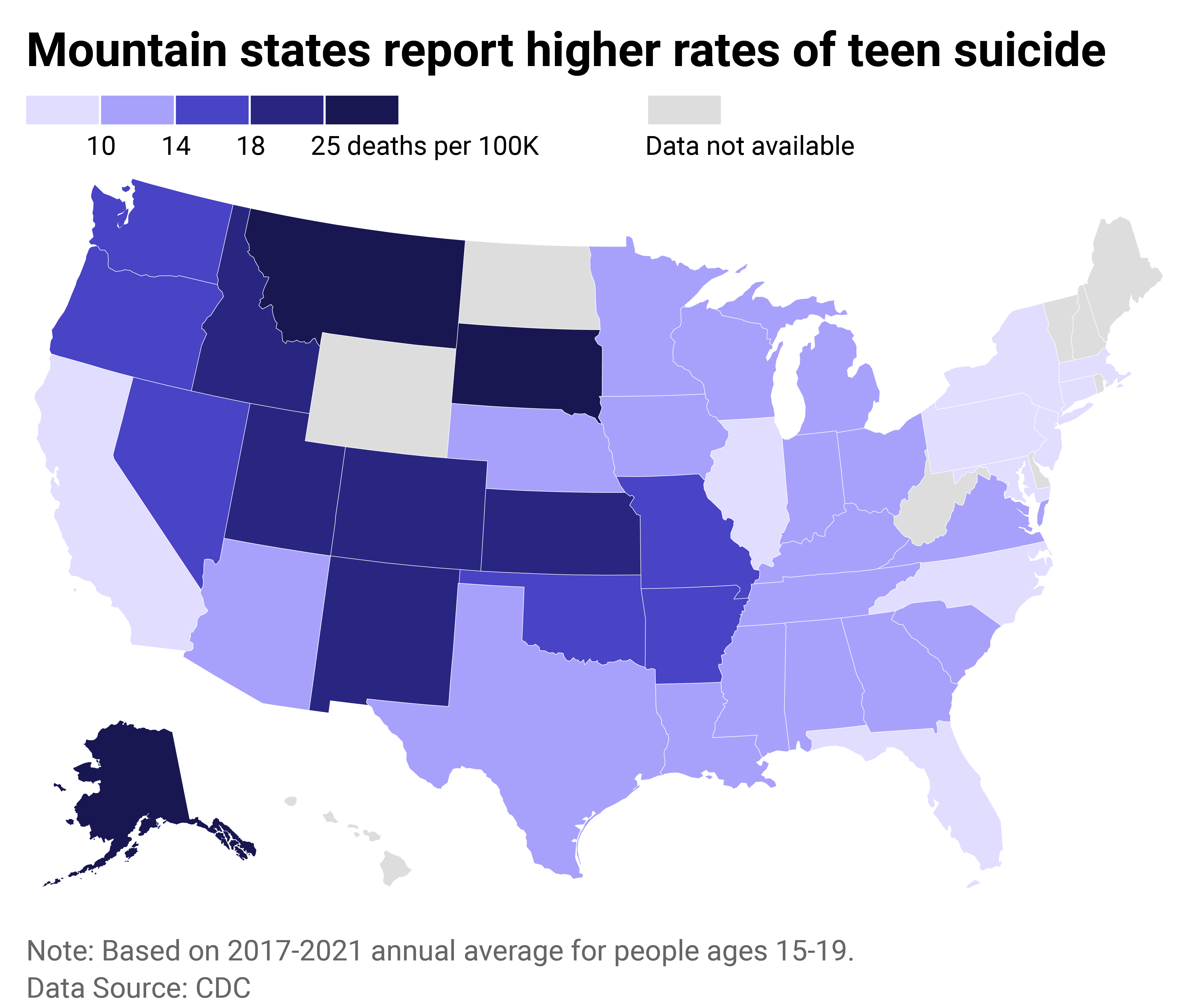 U.S. map of suicide rate among people ages 15-19. Alaska, Montana and South Dakota report highest rates.