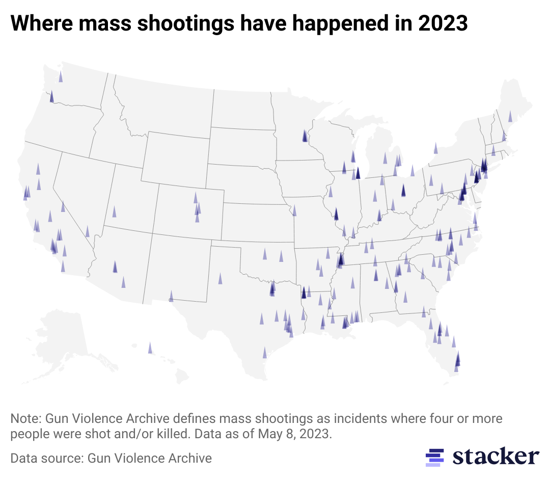 Pale gray map with purple triangular markers showing the locations of all mass shootings in 2023
