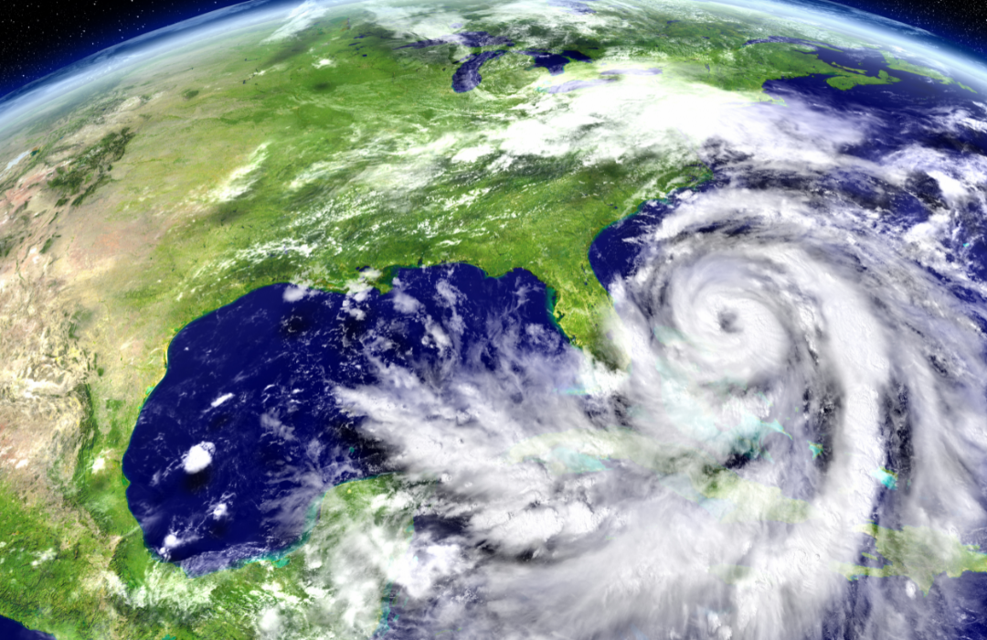 View of hurricane from orbit near U.S. Atlantic Coast.