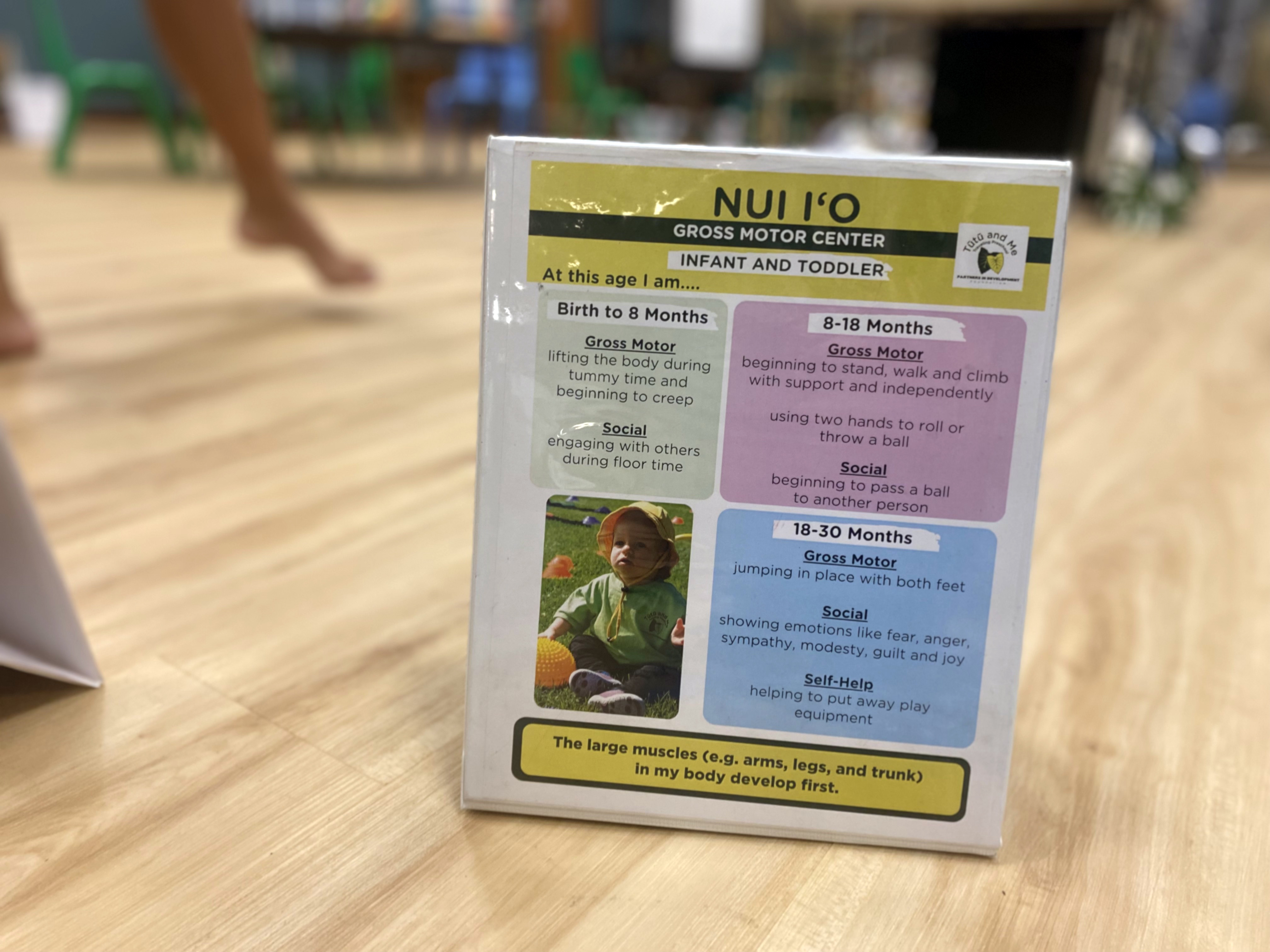 A sign describes various ages and developmental milestones for young children.