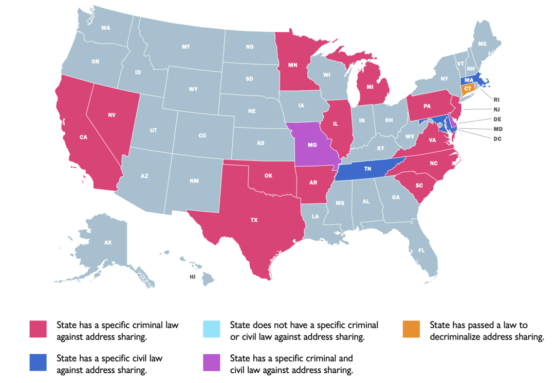 A US map color-coded to show the current status of laws regarding address sharing for school enrollment