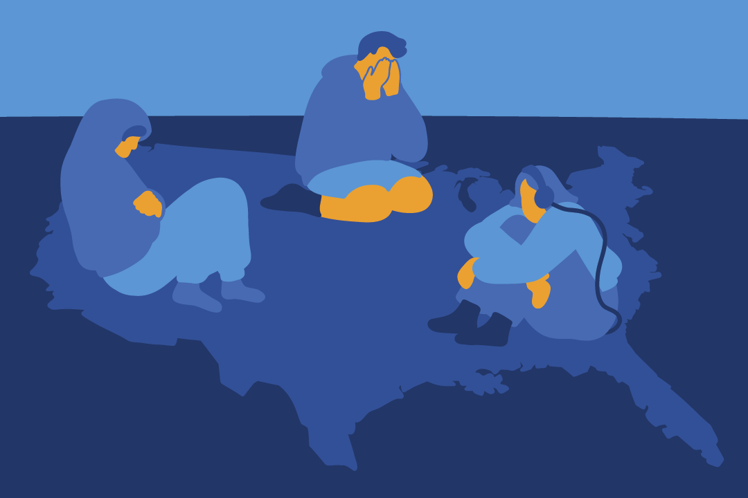 Illustration of depressed teenagers in crouched positions over a map of the United States.