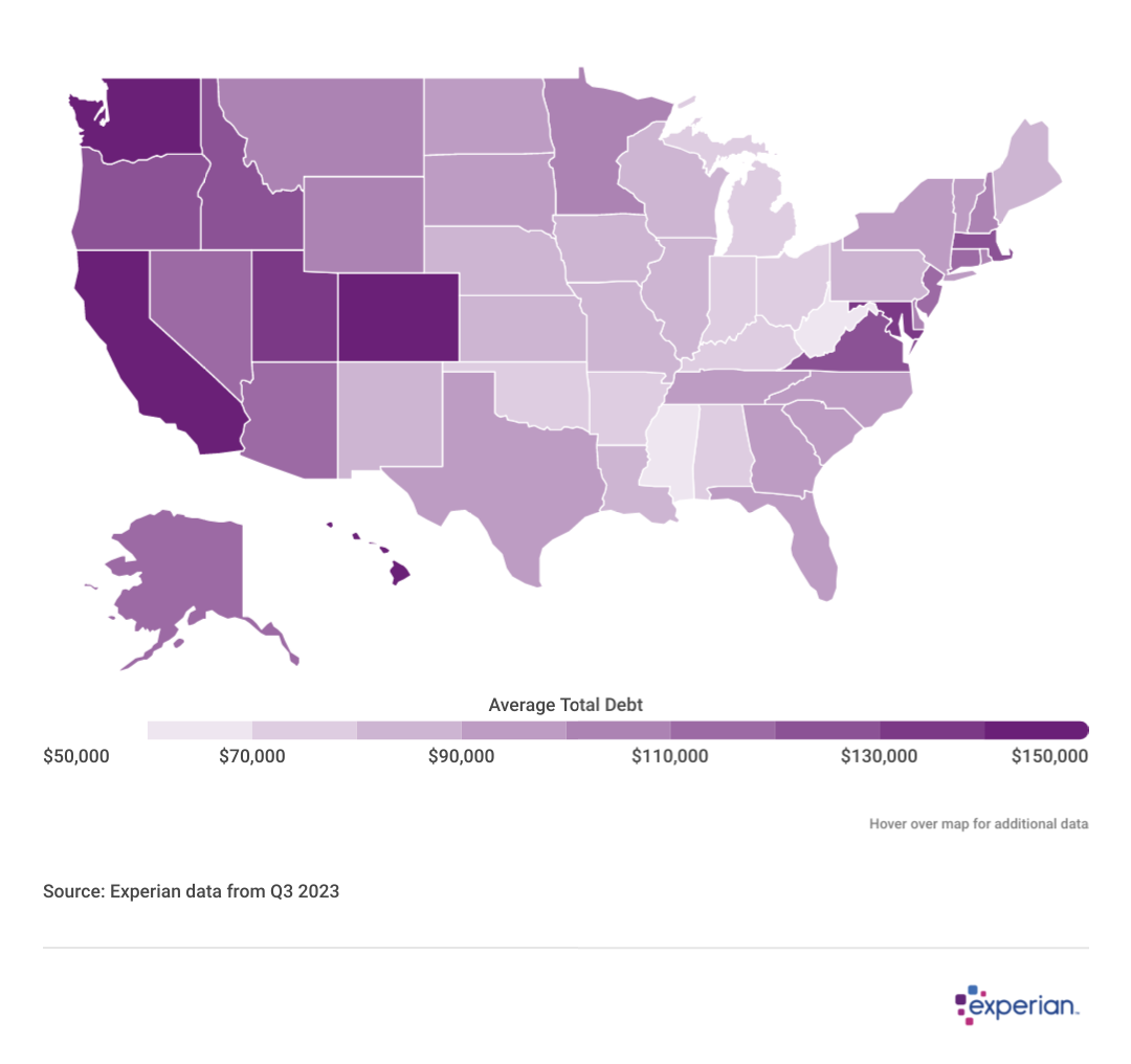 map showing Average Total Debt per Consumer, 2023