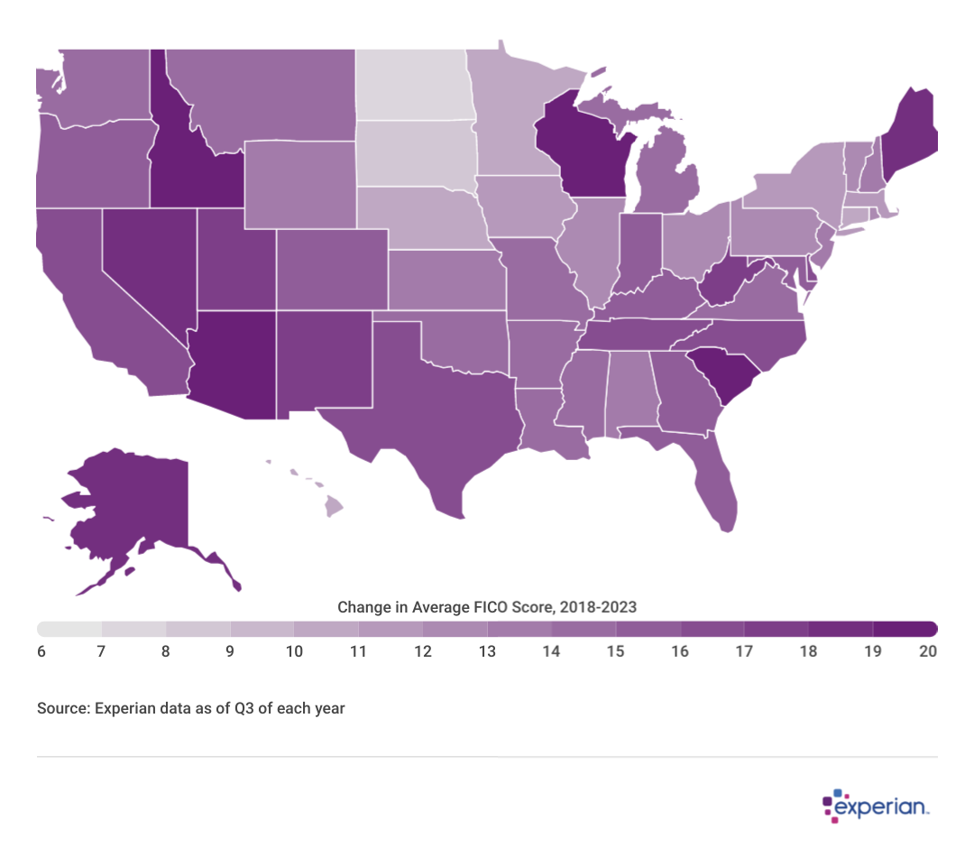 map showing each state to see credit scores in 2018 and 2013