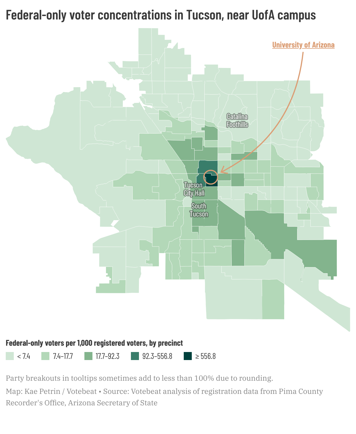map showing federal-only voter concentrations in Tucson, near UofA campus
