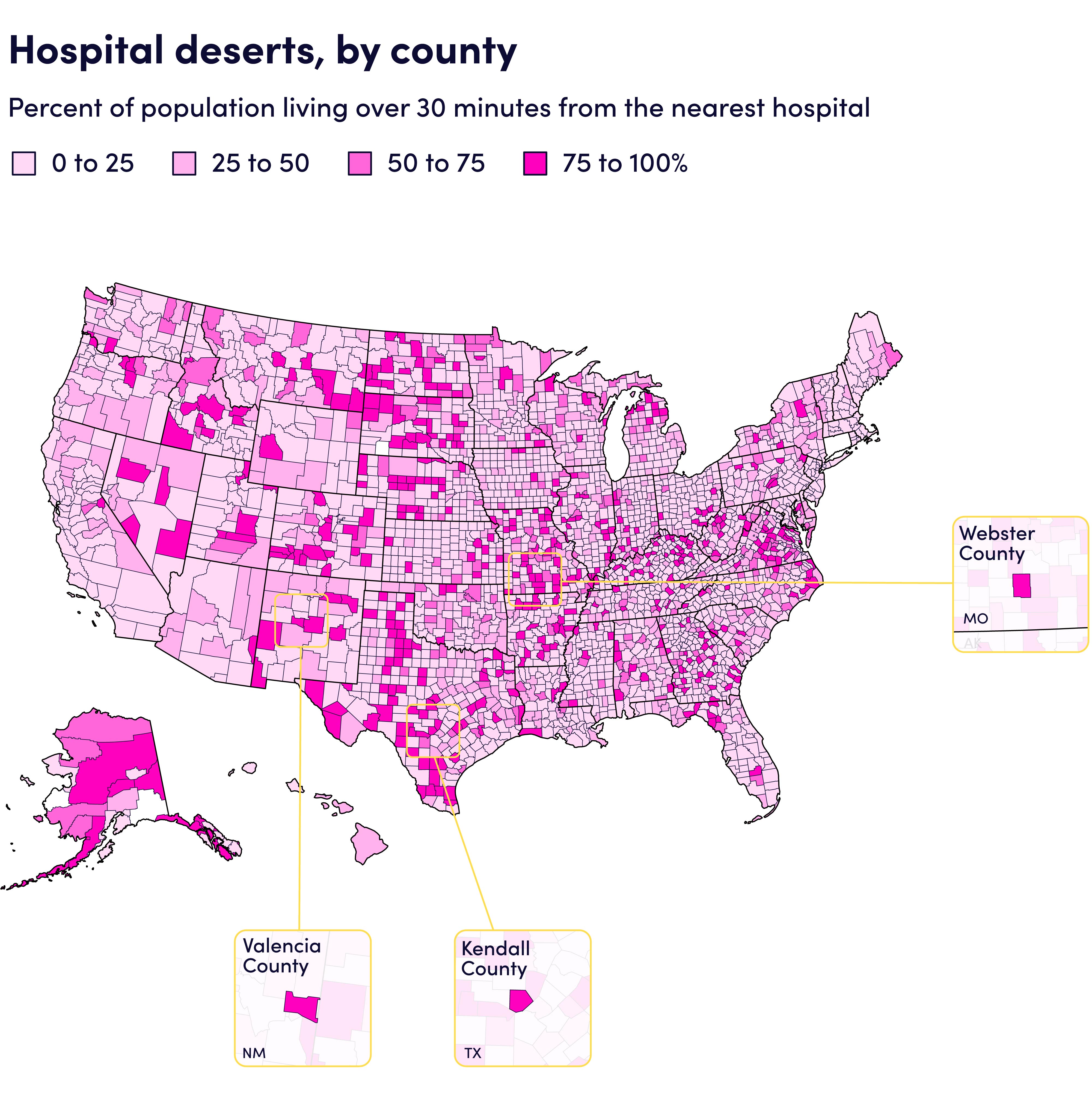Map showing percentage of population living more than 30 minutes from the nearest hospital.