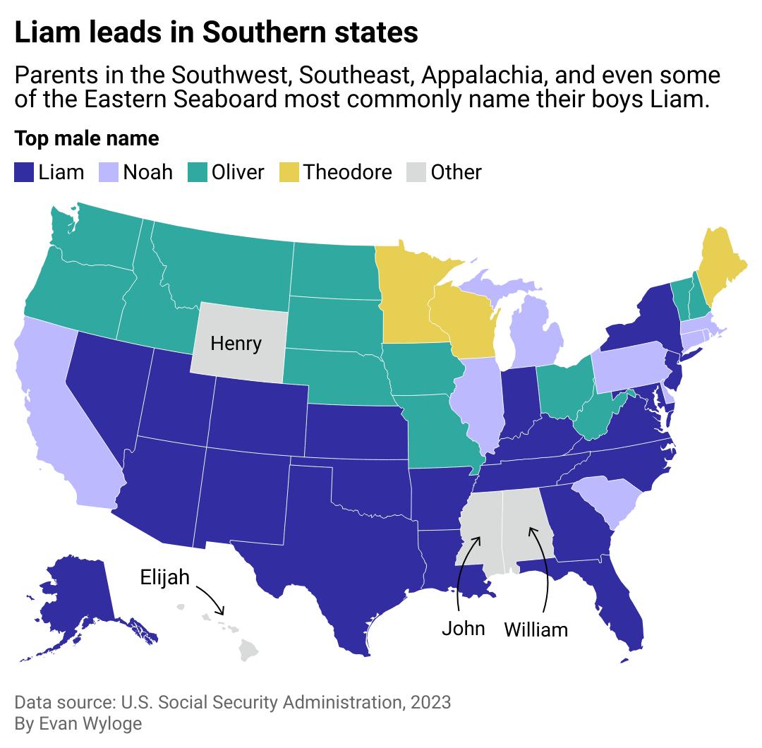 Map showing top male names by state. Liam is most popular in the South.