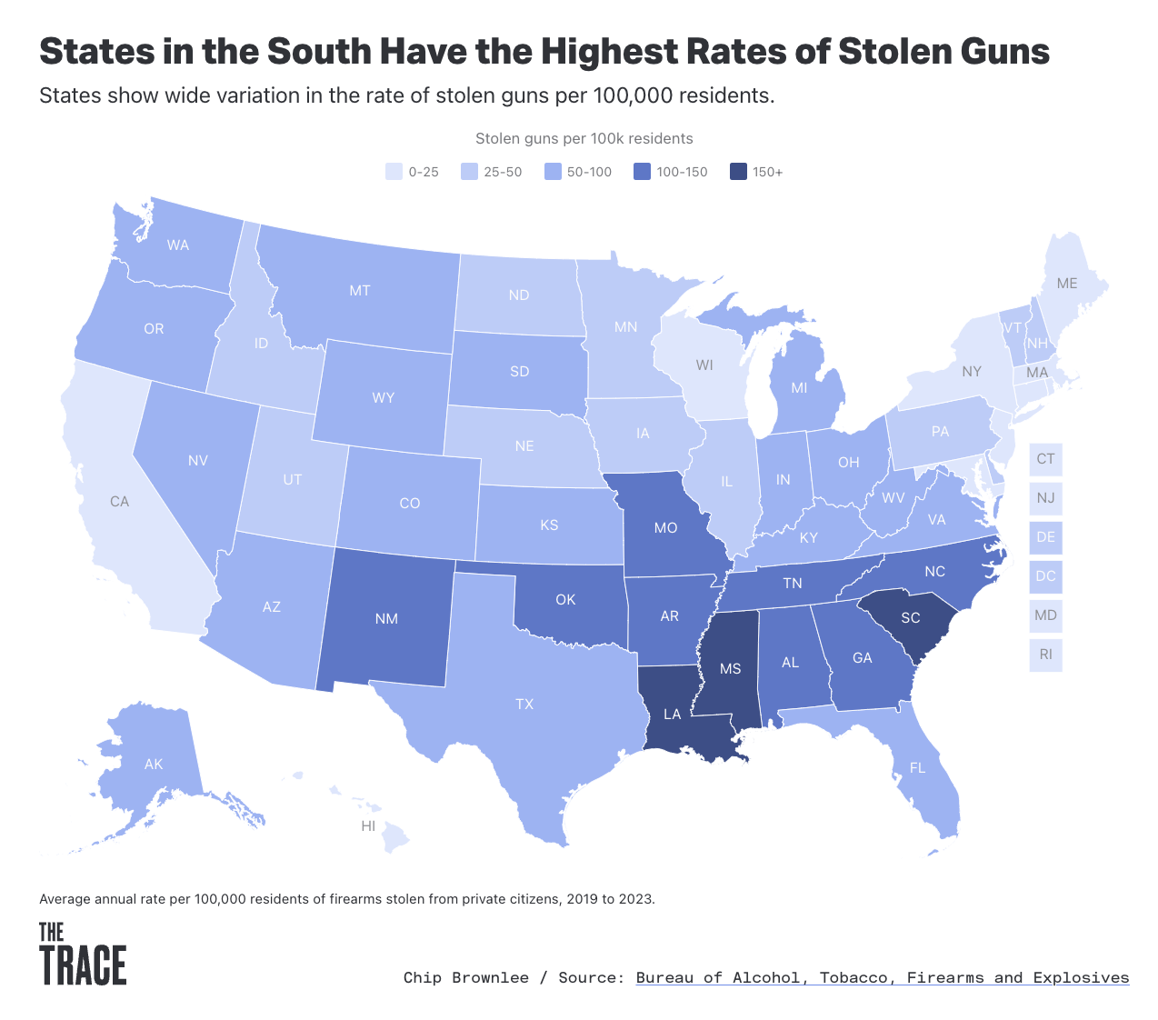 Map showing which states have the highest rates of stolen guns.