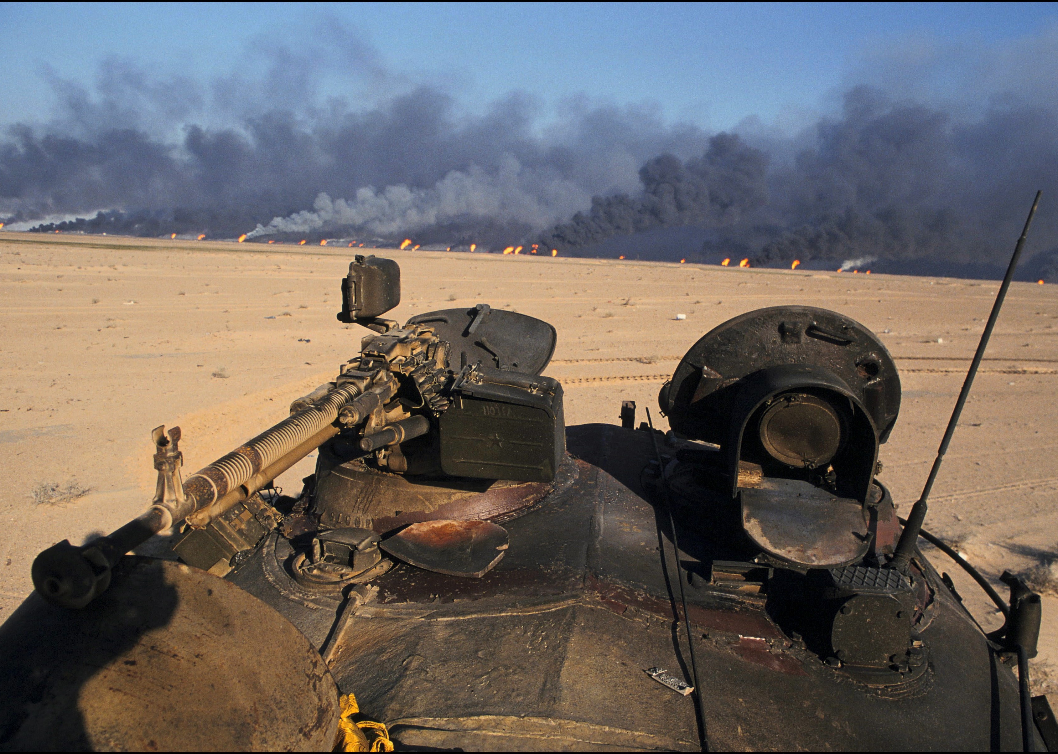 Oil fields on fire on the road from Kuwait City to Basrah.