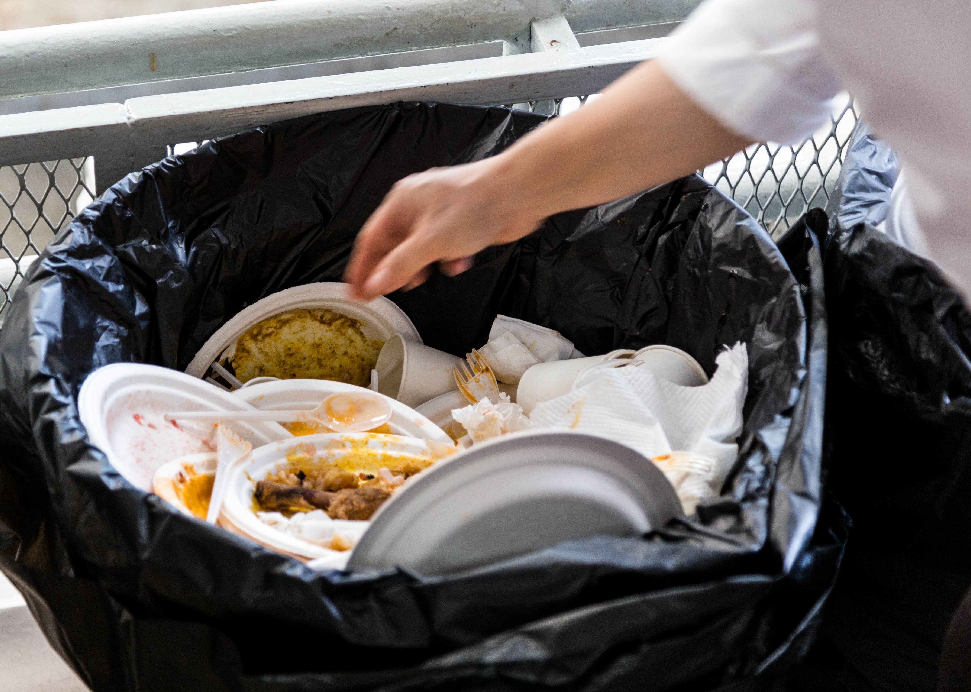 Hand throwing away styrofoam plates and cups in plastic bag.