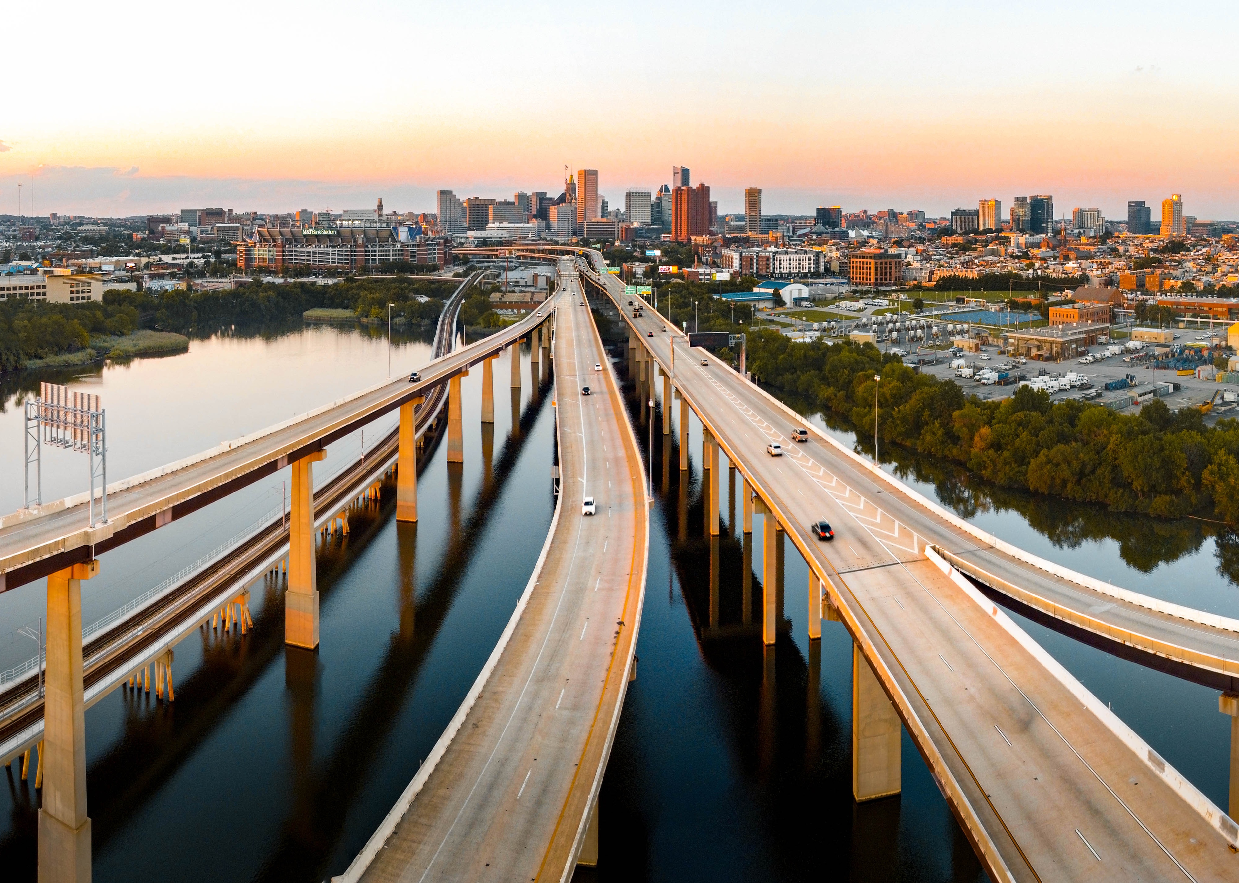 Baltimore City seen from the sky by the highway.