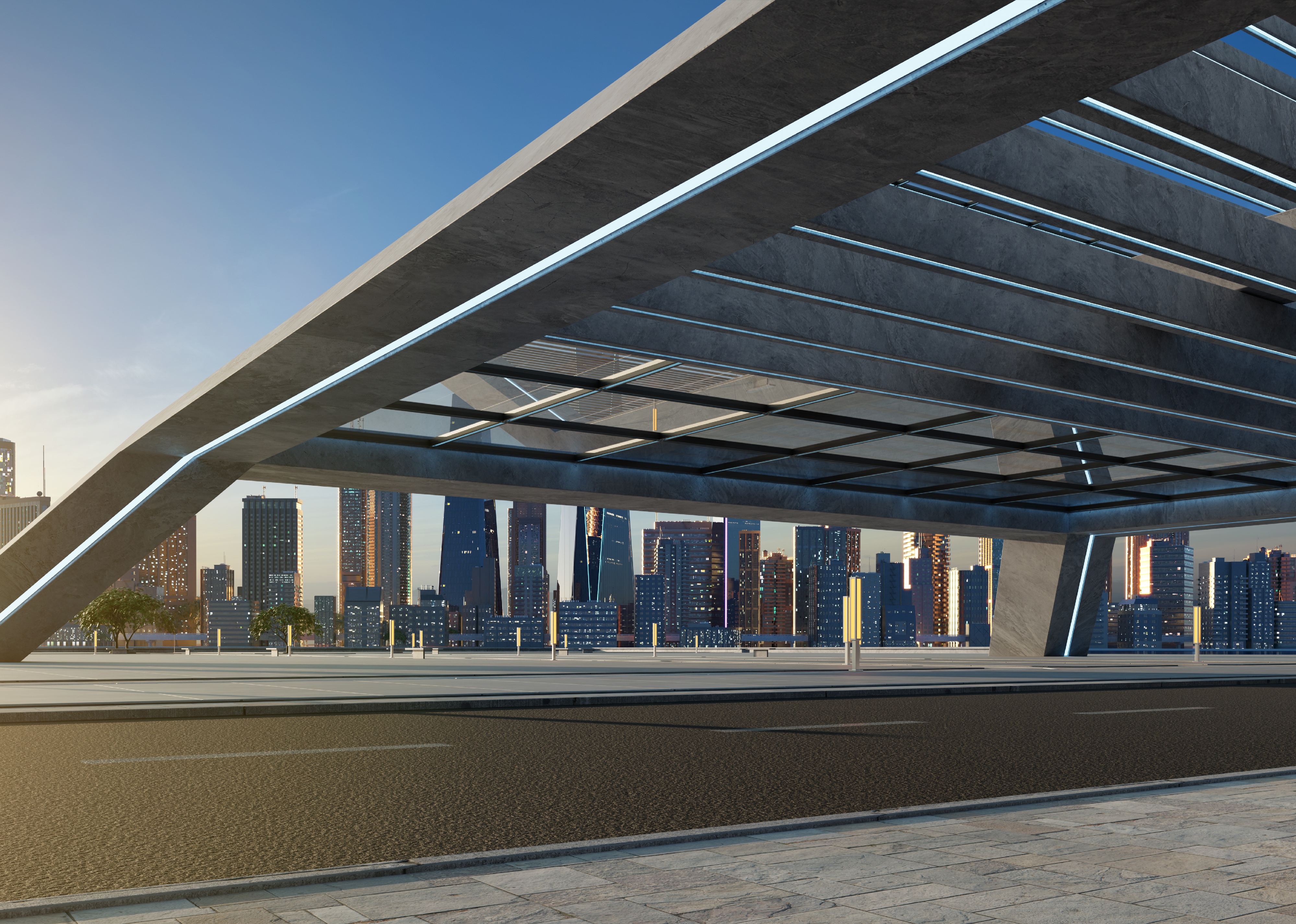 Roadside street view with modern rooftop building and cityscape scene.