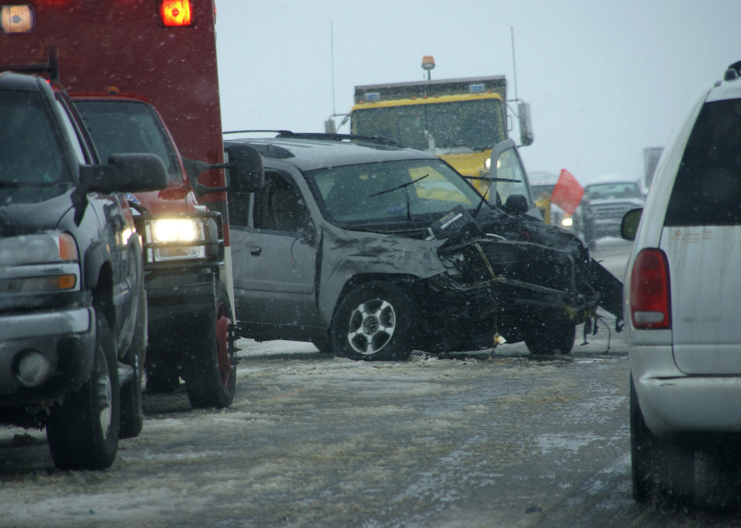 Traffic accident on an icy Idaho mountain highway.