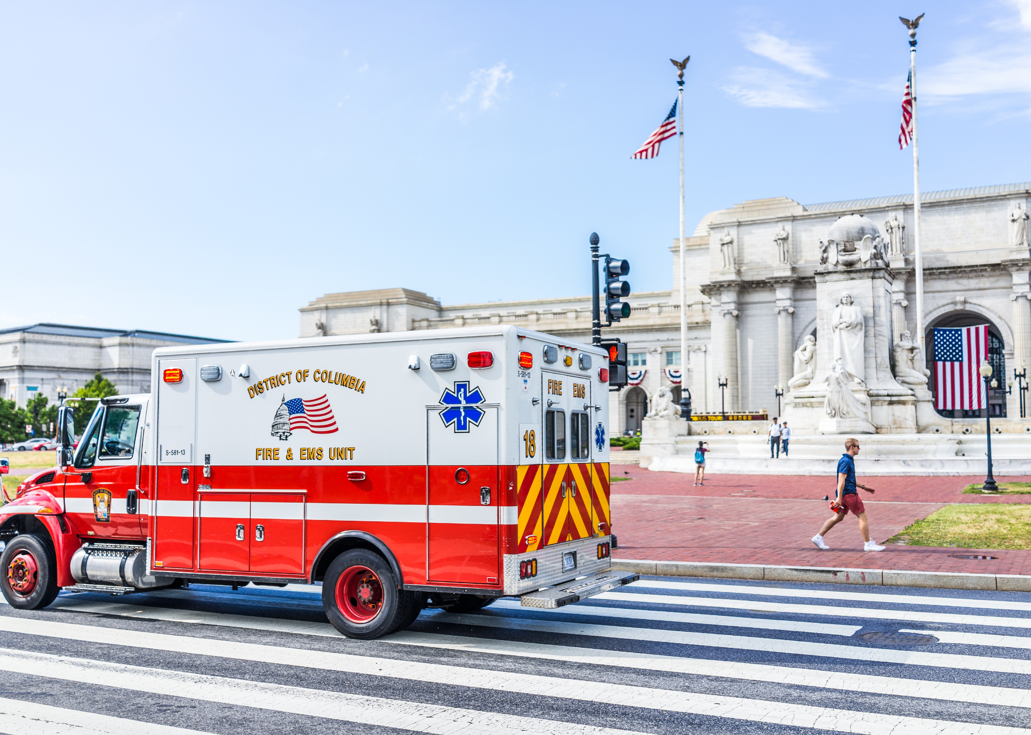  Union Station on Columbus Circle with firetruck and EMS on road.