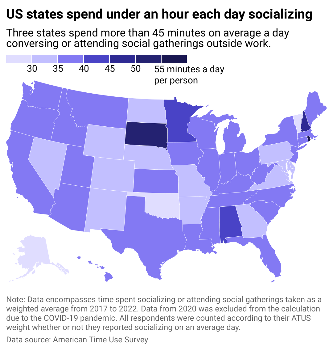 A heat map showing the most social states in America.