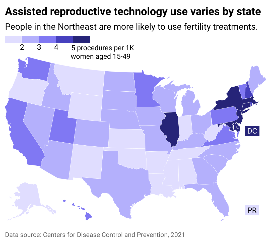 A map showing the rate of people using assisted reproductive technology in each state.