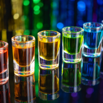 A rainbow of shot glasses on a bar.