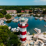 Aerial view Harbor Town Hilton Head Island and lighthouse.