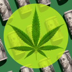 Cannabis leaf over currency background.