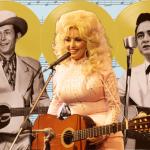 Pholo illustration with Hank Williams, Dolly Parton and Johnny Cash.