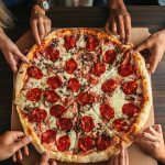Group of people’s hands grabbing a slice of pizza.