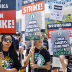 Starbucks union members join SAG-AFTRA and WGA union members on the picket line.