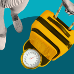 Person weighing yellow suitcase on scale.