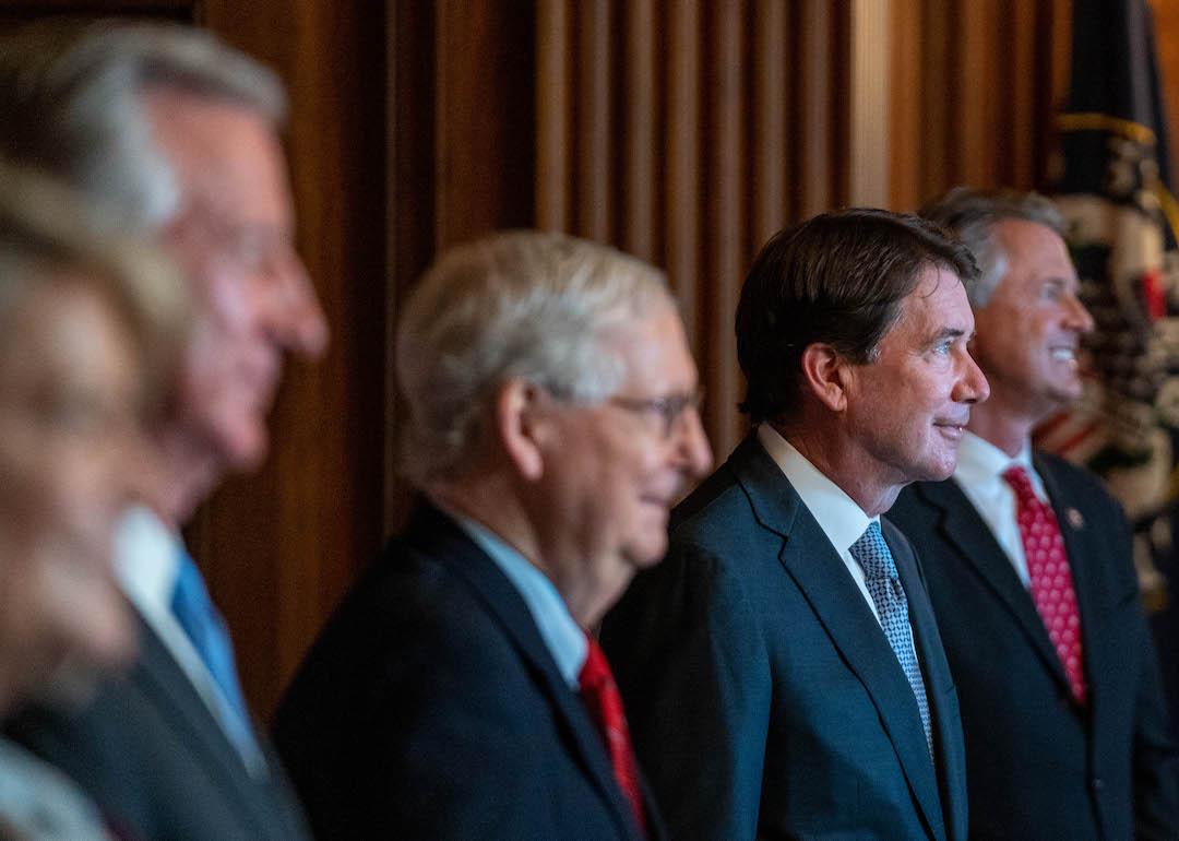 US Senator Majority Leader Mitch McConnell, poses with newly elected Republican Senators, left to right, Cynthia Lummis, Tommy Tuberville, Bill Hagerty, and Roger Marshall, in Nov. 2020.