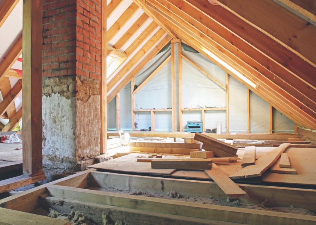 An attic being renovated with new insulation