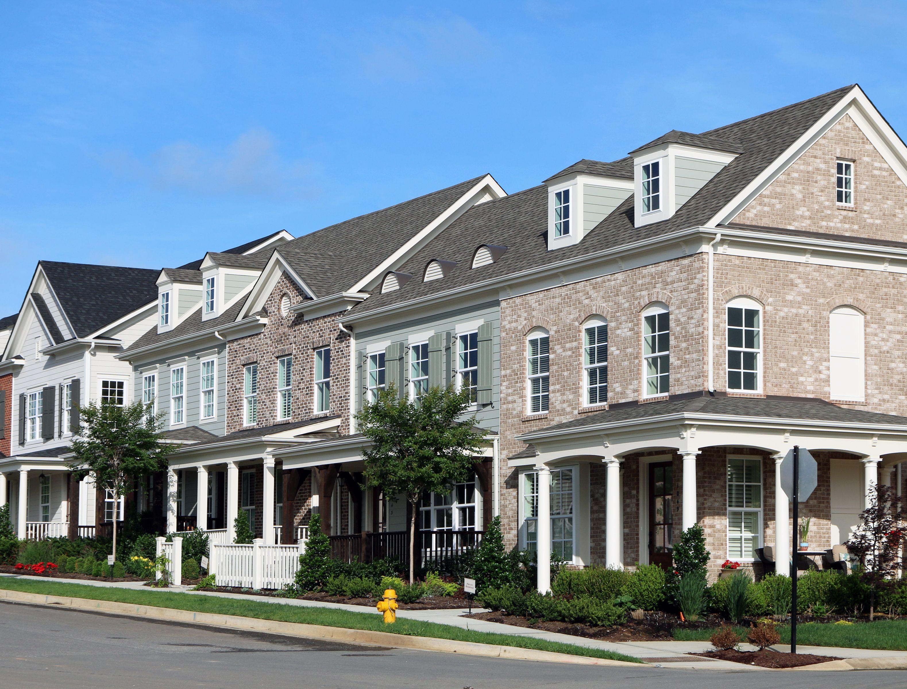 A row of connected new homes outside of Nashville, Tennessee.