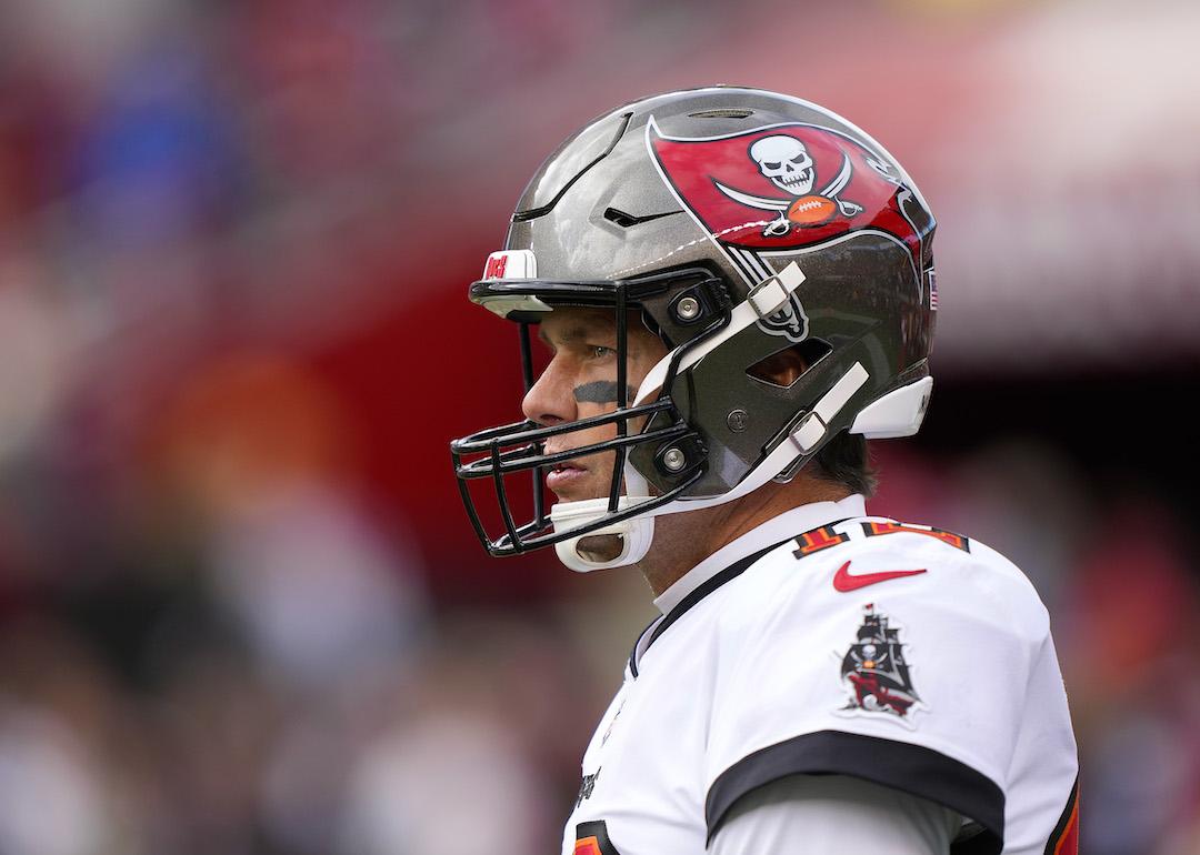 Tom Brady, #12 of the Tampa Bay Buccaneers. looks on during pregame warm-ups prior to the start of the game against the San Francisco 49ers at Levi's Stadium on Dec. 11, 2022 in Santa Clara, California.