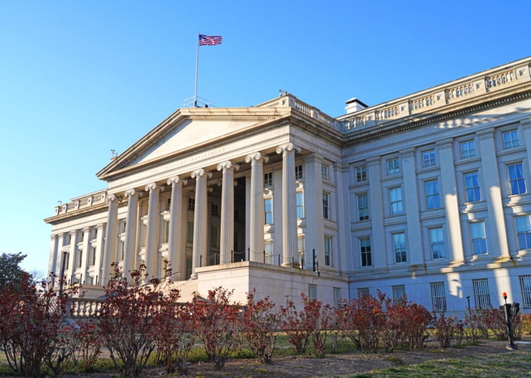 View of the U.S. Department of the Treasury headquarters building in the United States capital.
