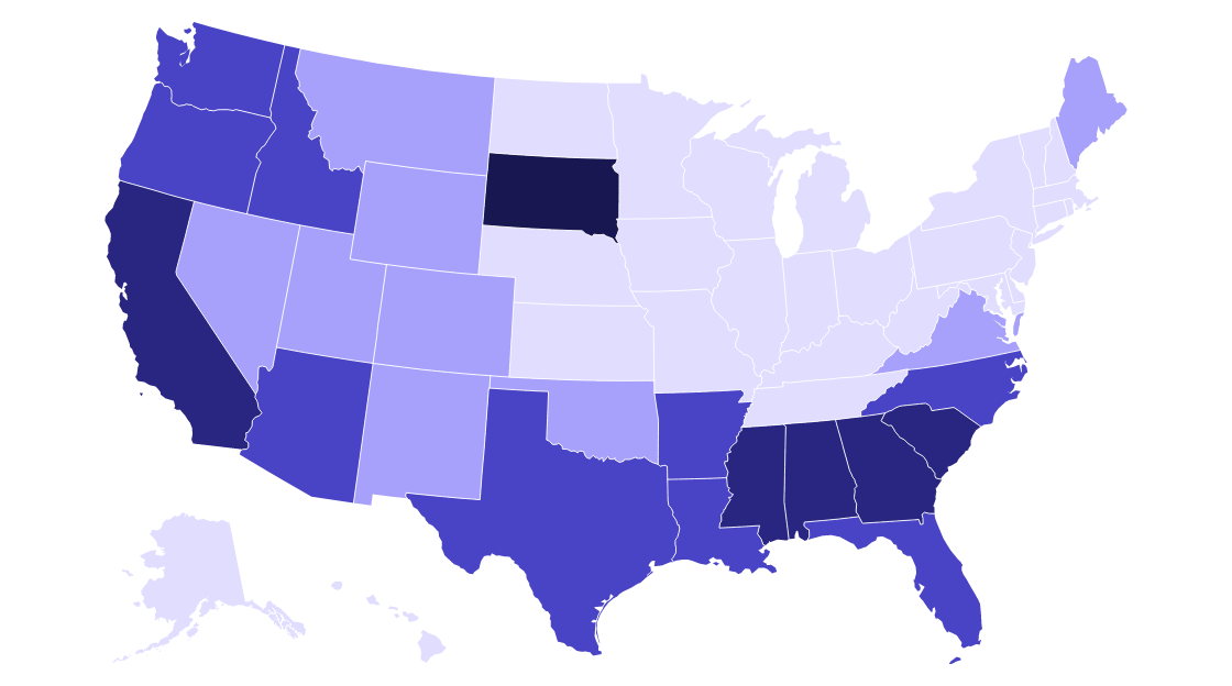State map showing percent tree cover loss across the U.S. 