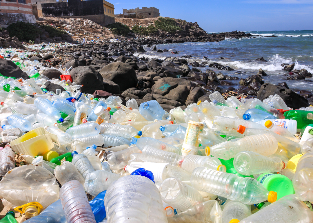 Plastic pollution washed upon the shore of a rocky beach.