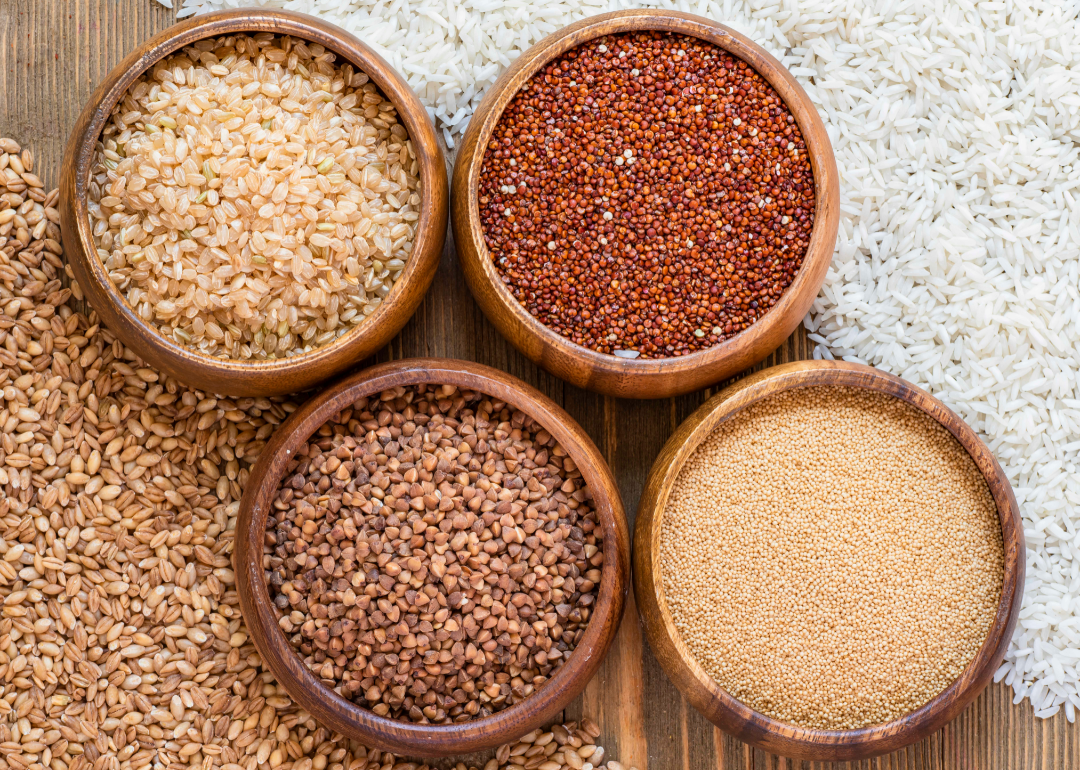 A selection of different grains in wood bowls.