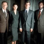 Actors Jerry Orbach, Angie Harmon, Sam Waterston, and Jesse L. Martin pose in costume as their 'Law & Order' characters in 1999.