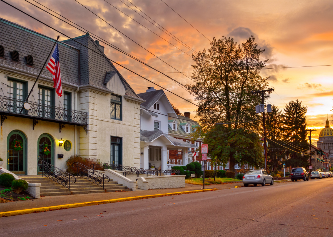 Buildings in Charleston, West Virginia at sunset.
