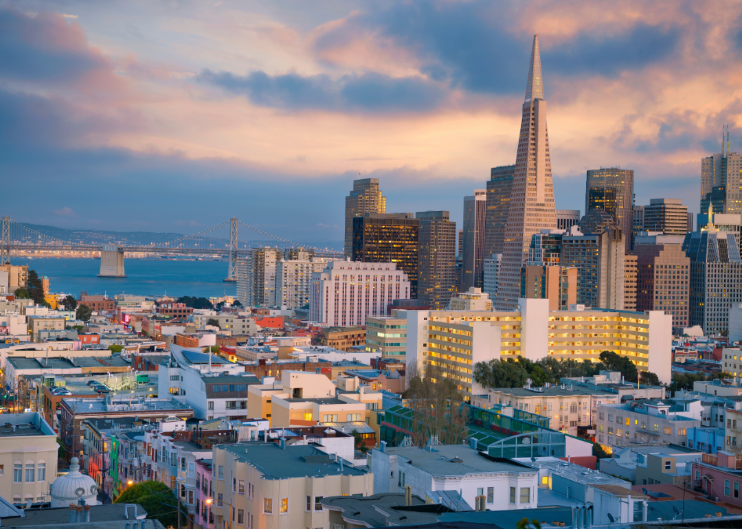 The San Francisco skyline at dusk.