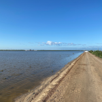 A flooded farm with a dirt road running alongside it