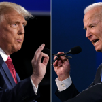 This combination of pictures created on October 22, 2020 shows US President Donald Trump (L) and Democratic Presidential candidate and former US Vice President Joe Biden during the final presidential debate at Belmont University in Nashville, Tennessee, on October 22, 2020. 