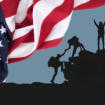 A photo illustration of military personnel climbing atop a tank with an American flag in the foreground