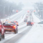 A slippery winter road with traffic