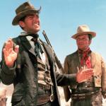 Actors Dean Martin and Frank Sinatra as Joe Jarrett and Zack Thomas respectively in a scene from the 1963 Western film '4 for Texas.'