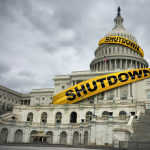 The Capital Building with police tape around it reading 'shutdown'