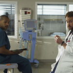 Actors Donald Faison and John C. McGinley work on the set of "Scrubs" at the old North Hollywood Medical Centerl on January 17, 2006 in North Hollywood, California. 
