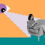 3d retro abstract collage of hacker eye spying personal data of girl in armchair