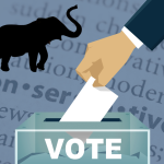 Illustration of a hand casting a ballot with the Republican symbol in the background.